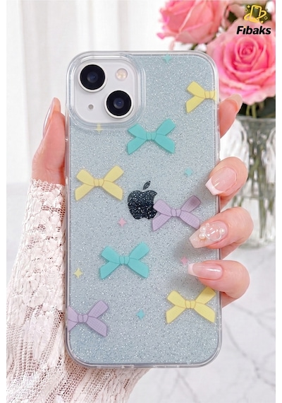 Fibaks iPhone 14 Plus/15 Plus Uyumlu Kılıf Mavi Simli Renkli Fiyonk Desenli Parlak Darbe Emici