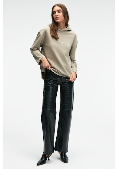 Grimelange CAMELLIA Kadın Önü Nakışlı Etek Ucu Yırtmaçlı Kapüşonlu Comfort Fit Taş Rengi Sweatshirt