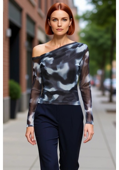 Ersefa Moda Asimetrik Yaka Örme Slim Çiçekli Desen Casual Günlük Regular Antrasit