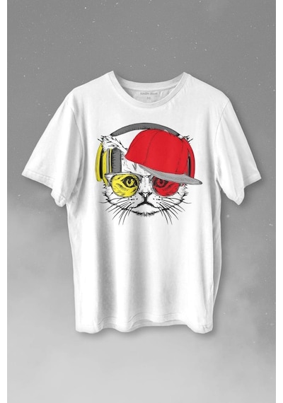 Cat Glasses Gözlüklü Sarı Kırmızı Kedi Baskılı Tişört Unisex T-shirt 001