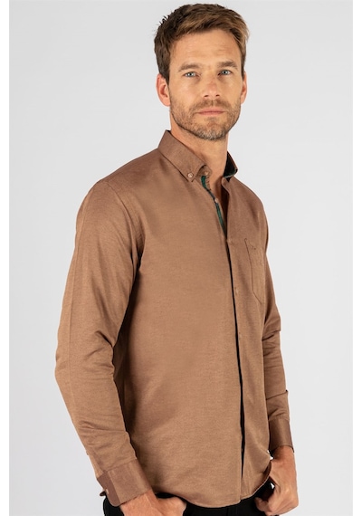 Tudors Klasik Fit Rahat Kesim Poplin Oxford Erkek Gömlek-23434 Kahverengi
