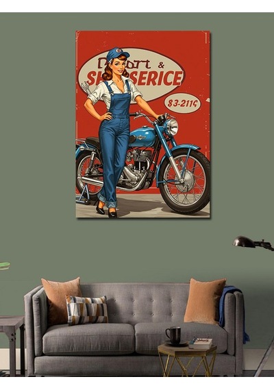 Kanvas Tablo Retro Tamirci Kadın Ve Motosiklet 50cmx70cm