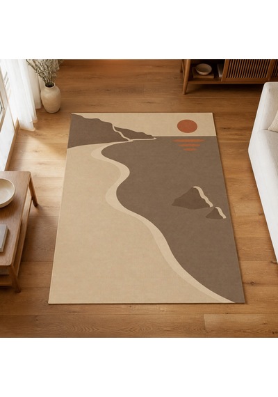 Kartela Halı Kıyı Deniz Manzaralı Modern Halı Bej Kaymaz Taban Makinede Yıkanabilir 80x120 Cm