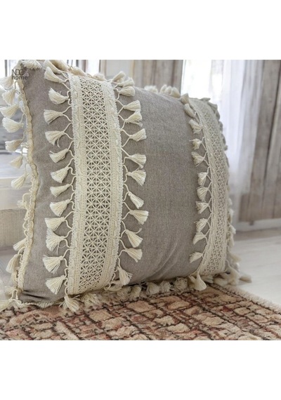 Dnc Home Tekstil Ndchome Bej Keten Kalın Dantel Ponponlu Kırlent Kırlent Kılıfı 43 X 43