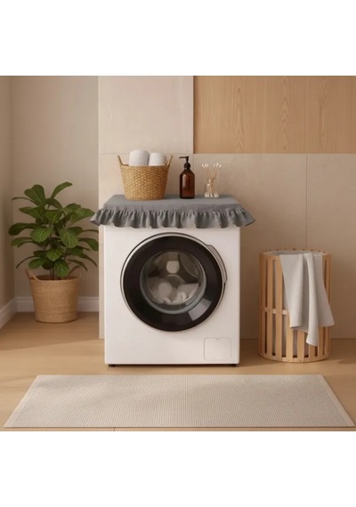 Fırfırlı Çamaşır Makinesi Örtüsü - Çeyizlik Dekoratif Banyo Makine Kılıfı- Füme