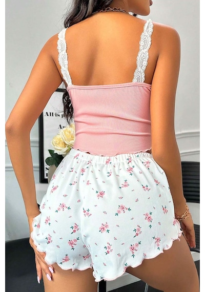 Merry See Çiçek Desenli Dantel Askılı Şortlu Pijama Takımı