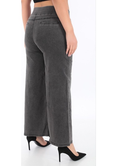Büyük Beden Denim Taşlı Bol Paça Detaylı Kadın Pantolon Siyah