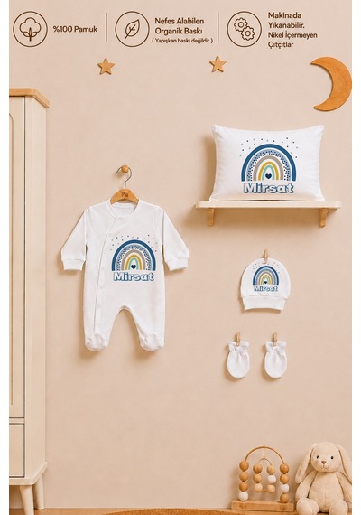 Pia Baby Erkek Bebek Tulum Seti İsim Baskılı %100 Pamuk Yastık Kılıfı Ve Battaniye 1091tyb3x Ekru