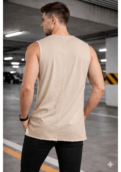 Erkek Kolsuz Regular Fit Basic Atlet Yan Yırtmaçlı Pis Yaka Tişört Bej