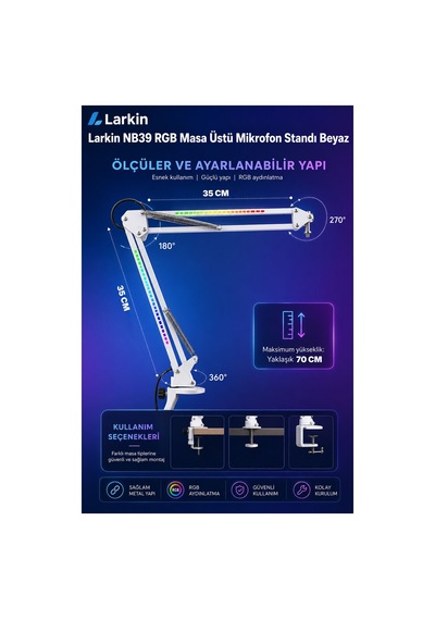 Larkin Nb39 Rgb Demir Masa Üstü Yayıncı Mikrofon Standı Boom Arm Beyaz