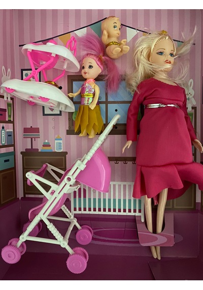 Pusetli Yürüteçli Minik Bebekli Aksesuarlı Hamile Bebek 25 Cm