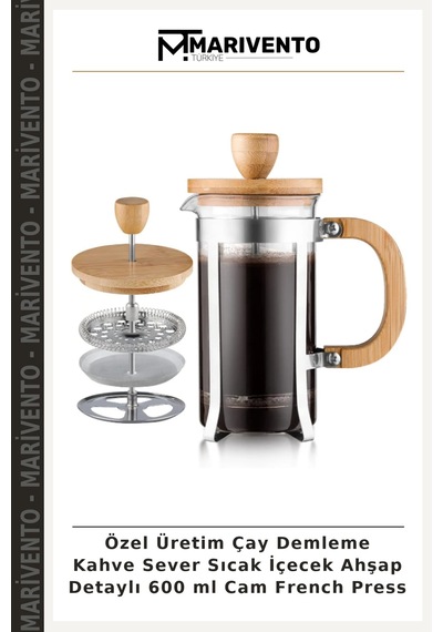 Özel Üretim Çay Demleme Kahve Sever Sıcak İçecek Ahşap Detaylı 600 Ml Cam French Press Ahşap - Şeffaf