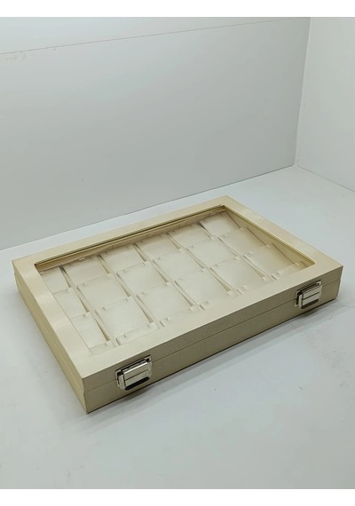 Yeni Cam Kapaklı Imera Deri Kumaş Krem Renk 34 Cm / 24 Cm 20 Bölmeli Küpe Sergileme Standı