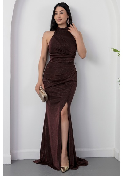 Kalopya Halter Yaka Yırtmaçlı Simli Elbise Drp0013 Kahve