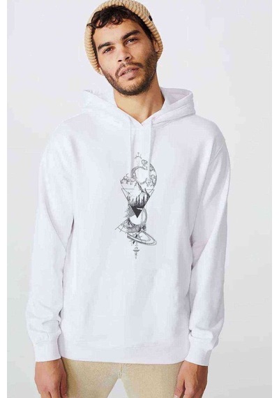 Art Dönence Baskılı Beyaz Erkek Örme Kapşonlu Sweatshirt