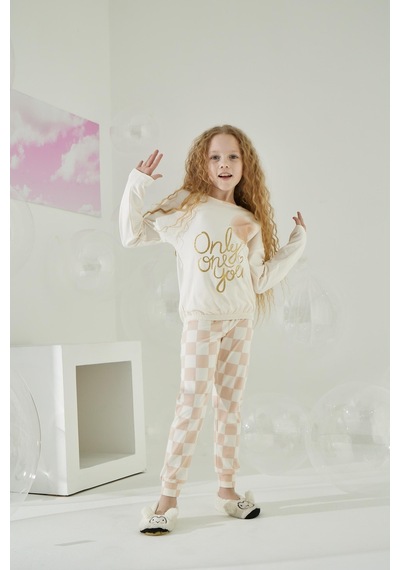 Kız Çocuk Uzun Kol Krem Pijama Takımı C8t5n6o6 001