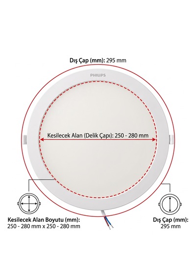 Philips 24w 2200 Lumen Beyaz Işık 6500k Sıva Altı Yuvarlak Kesim Yeri 250-280mm Açık Beyaz