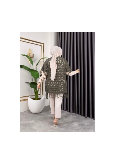 Hira Life Fashion Kadın Mevsimlik Saçaklı Ve Ajurlu Pamuk Triko Hırka Haki Haki