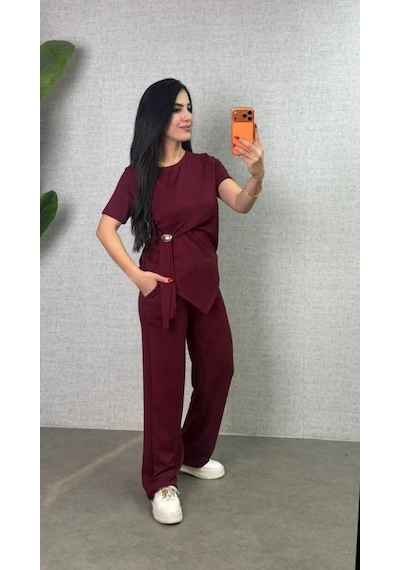 Buğrahayalin Kadın Kısa Kollu Bisiklet Yaka Yandan Toka Detaylı Viskon Iki Iplik Bluz Ve Pantolon Ikili Takım Bordo