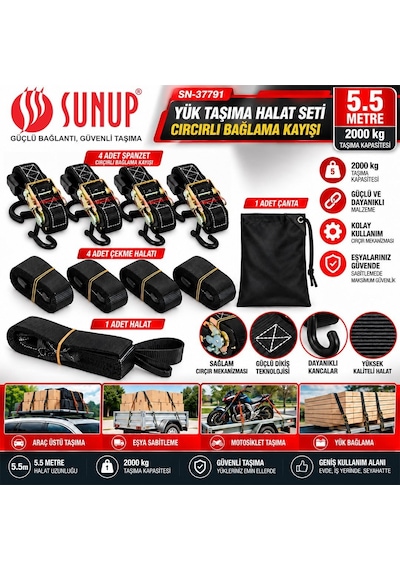 Sunup Sn-37791 5,5 Metre Yük Taşıma Halat Seti Cırcırlı Bağlama Kayışı Spanzet 2000kg