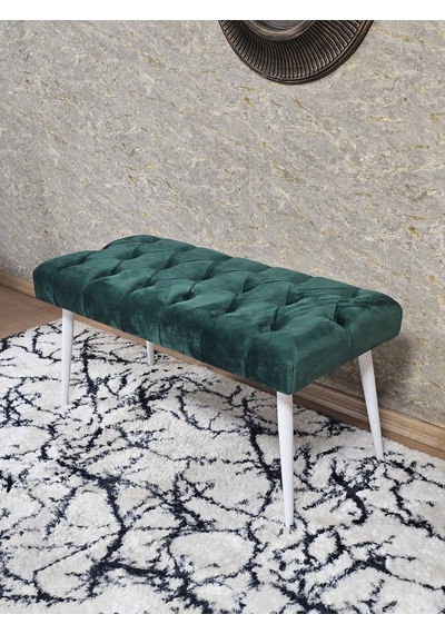 Zafir Beyaz Boyalı Sivriltme Ayaklı 90 Cm Puf Bench - Puf - Bench - Kasalı Oturak - Oturak - Yatak Ucu Puf Yeşil