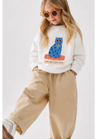 Monila Kız Çocuk 3 İplik Kumaş Pamuklu Mavi Kedi Baskılı Sweatshirt Ekru