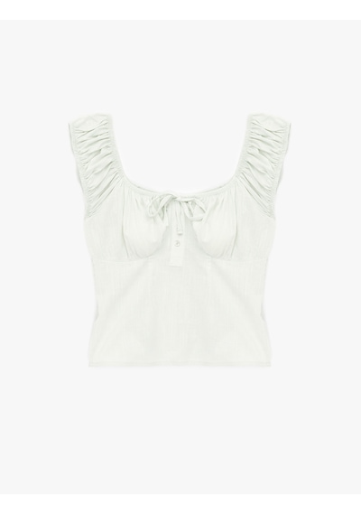 Koton Pamuklu Slim Fit Kısa Balon Kol Bağlamalı Crop Bluz Yeşil 6sal60182ıw