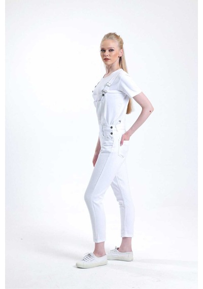 Kene Jeans Bahçevan Askılı Beyaz Tam Kalıp Mom Kot Tulum Beyaz