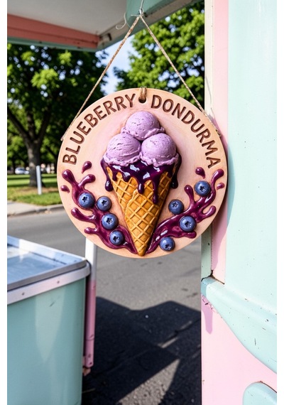 Blueberry Dondurma Görselli İpli Ahşap Kapı Ve Duvar Süsü, Cafe, Dondurmacı Tabelası