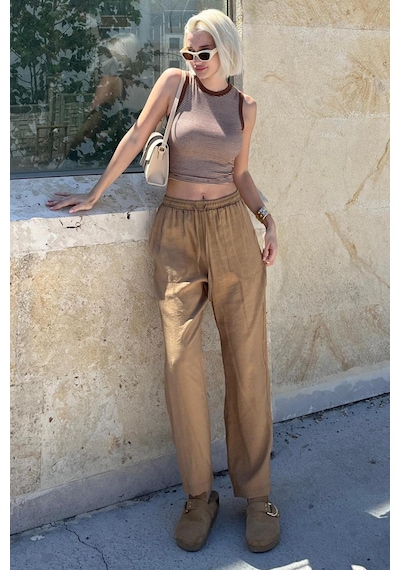 Madmext Camel Ayarlanabilir Bel Rahat Kesim Pantolon Mg2161 Camel