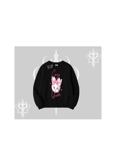 Tarzsokak Cozy Queen Kedi Baskılı Biskilet Sweatshirt Siyah