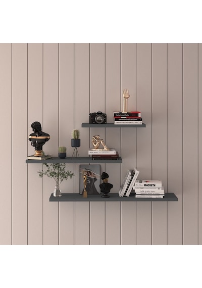 Asra Trend Modern Duvar Rafı DRF-02 %100 MDF 3'lü Dekoratif Organizer Kitaplık Antrasit