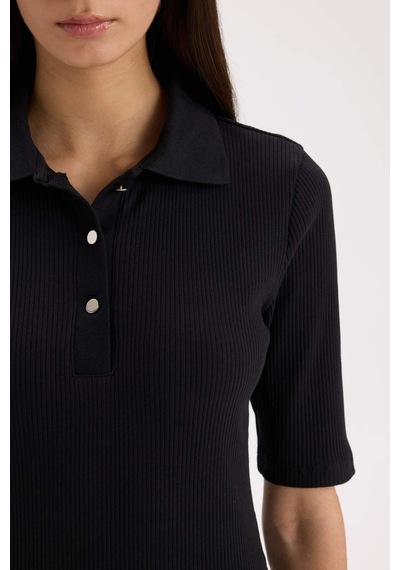 Defacto Bodycon Vücudu Saran Polo Yaka Fitilli Kaşkorse Kısa Kollu Midi Elbise D8296ax25spbk81 Siyah