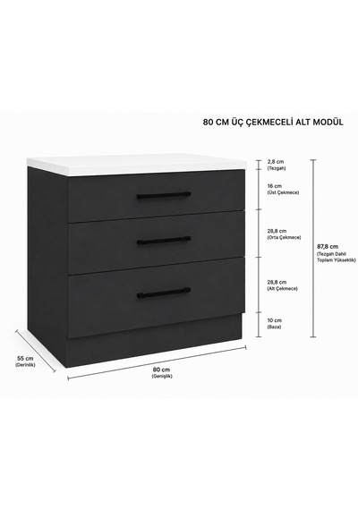 Şah Mutfak 3 Çekmeceli Alt Modül 80 Cm - Çok Amaçlı Dolap - Beyaz Laminat Tezgah Dahil Antrasit Şah Mutfak 3 Çekmeceli Alt Modül 80 Cm - Çok Amaçlı Dolap - Beyaz Laminat Tezgah Dahil Antrasit