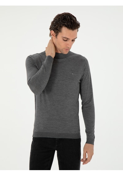 Cacharel Gri Slim Fit Kaşmir İpek Karışımlı Çeyrek Balıkçı Yaka Triko Kazak