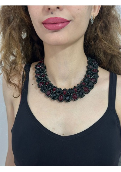Bordo Kristal Boncuklu Tasarım Kadın Kolye 22 Cm Renkli