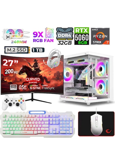 Xaser Sword Cube X55 R7-5700X 32 GB 1 TB M.2 Nvme SSD 8 GB RTX5060 27" Free Dos Masaüstü Oyuncu Bilgisayarı