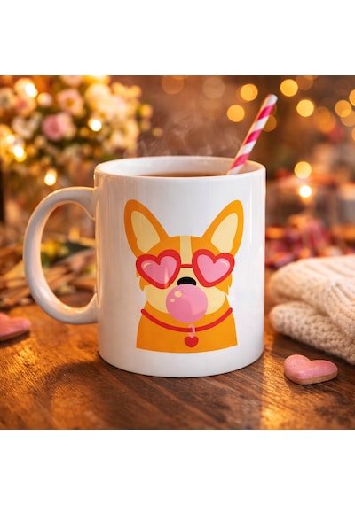 Sevimli Corgi Desenli Porselen Kupa Model 44 Kalpli Gözlüklü Köpek Tasarımlı, Eğlenceli & Hediye Fikri Diğer