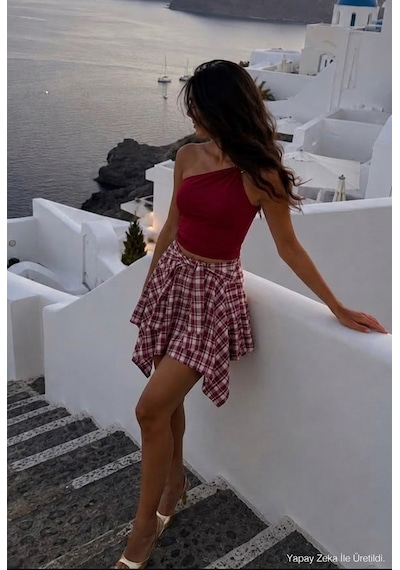 Kadın Bordo Ekose Asimetrik Kesim İçi Şortlu Etek