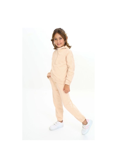 Toontoy Kids Toontoy Kız Çocuk Kapüşonlu Yarım Fermuar Detaylı Eşofman Takım Bej