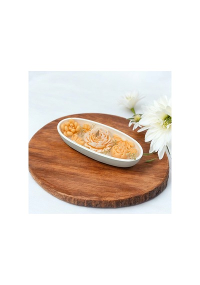 Ev Dekoresyon Hediyelik Kayık Tabakta 21x9x4 Cm Çiçekli Mum Seti Somon