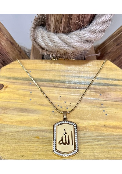 Gns Aksesuar Zirkon Taşlı Allah Yazılı Gold Renk Çelik Kolye
