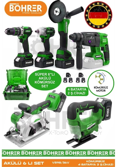 Böhrer Alman 4506Y 4 Akülü 2 Şarjlı Kömürsüz V598 5AH Profesyonel 6 Makine Kombo Set
