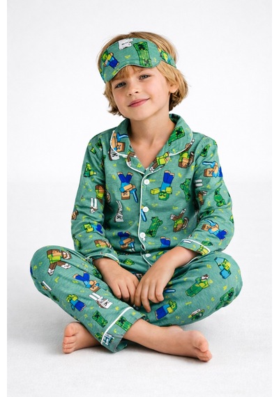 Beka Kids Desenli Uzun Kollu Önden Düğmeli Gömlek Yaka Erkek Çocuk Pijama Takımı Ve Göz Bandı Yeşil Beka Kids Desenli Uzun Kollu Önden Düğmeli Gömlek Yaka Erkek Çocuk Pijama Takımı Ve Göz Bandı Yeşil