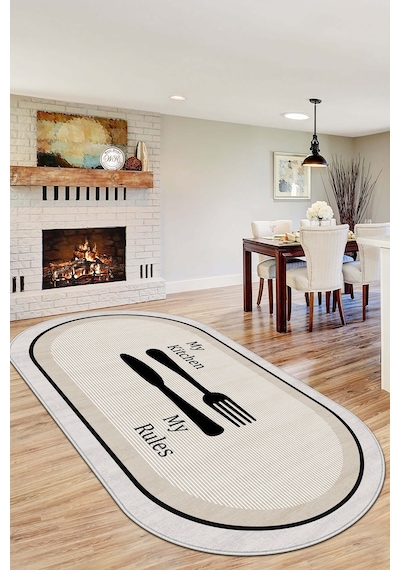 West Home Makinede Yıkanabilir Kaymaz Taban Leke Tutmaz Bej Oval Mutfak Halısı Mutfak Kesme Yolluk