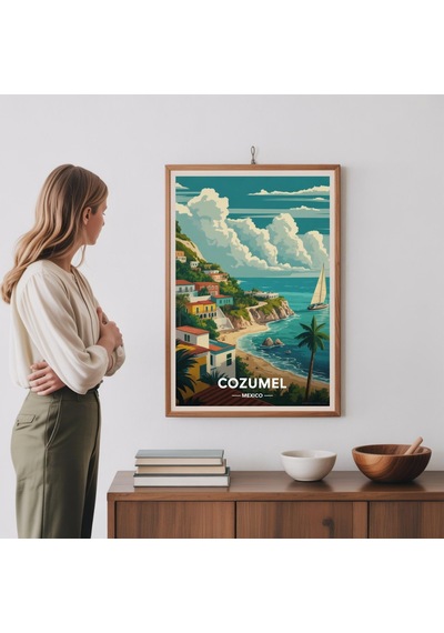 Cozumel Meksika Seyahat Posteri Sanatsal Manzara Duvar Dekoru Suluboya Sanat Baskısı
