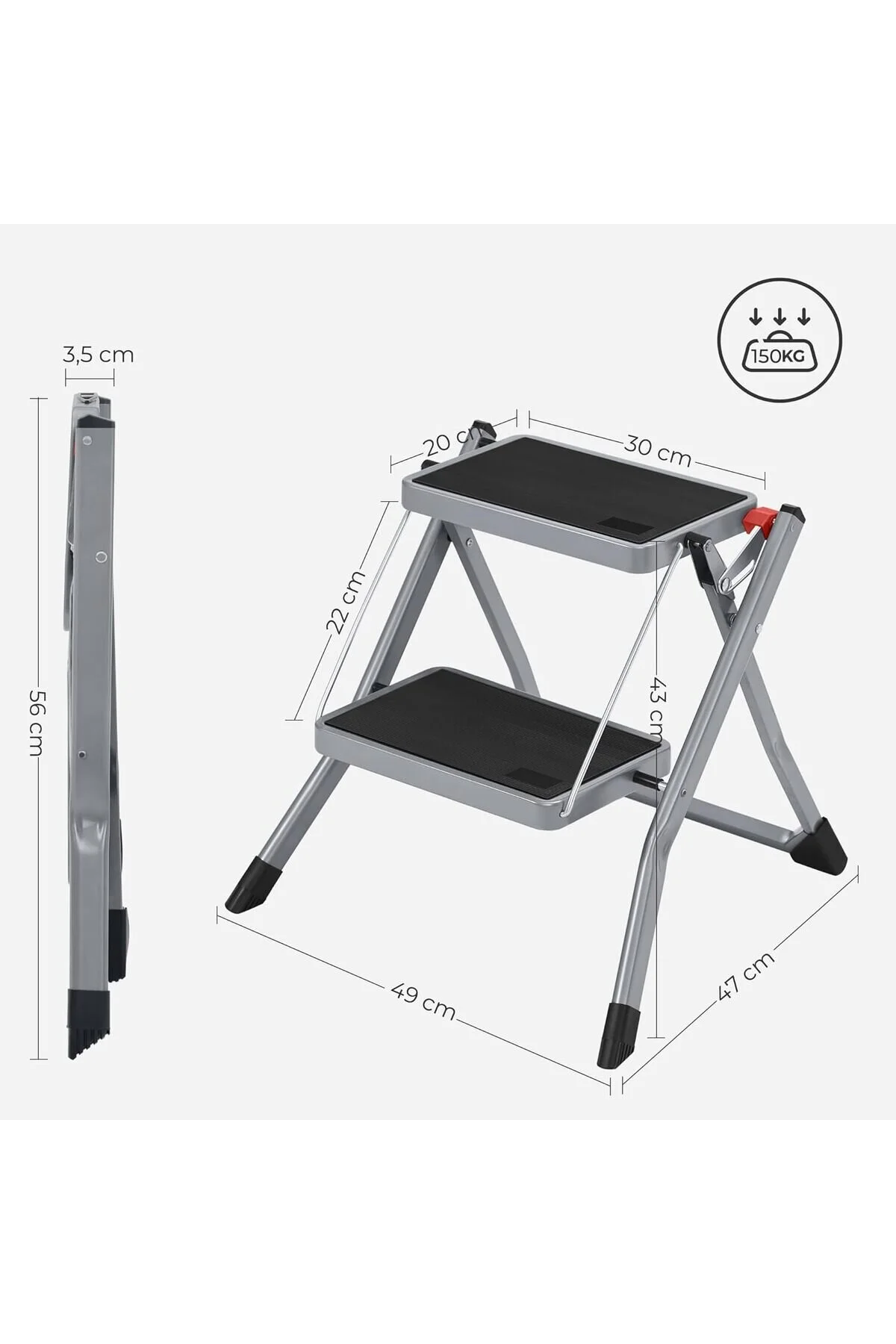 2 Basamaklı Katlanır Merdiven 150 Kg Taşıma Kapasiteli Kaymaz Geniş Basamaklı Yer Kaplamaz Beyaz