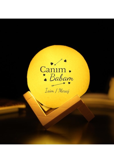 Kişiye Özel Canım Babam Baskılı 3d Ay Gece Lambası Dekoratif Stand Hediyeli Sarı
