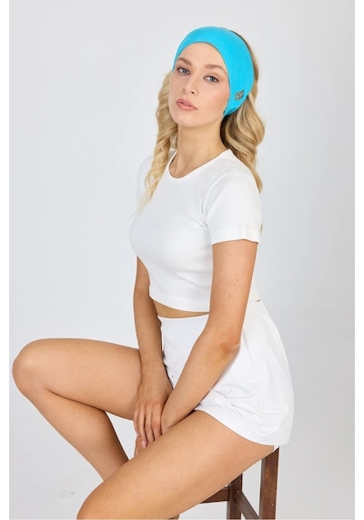 Butikgiz Beyaz Kısa Kol Bisiklet Yaka Vücuda Oturan Kaşkorse Crop + Bandana Set %100 Pamumklu, Esnek Rahat Aqua