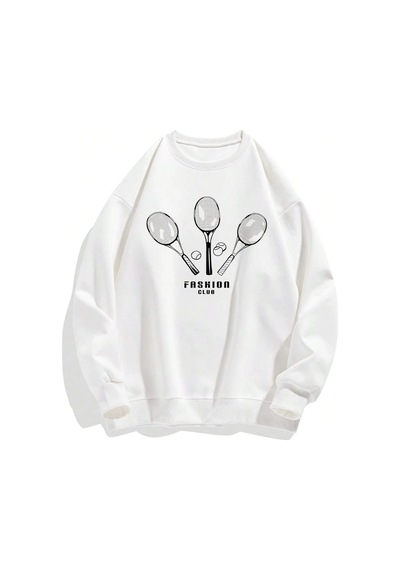 Startmore Adrift Letter & Tennis Racket Print Drop Shoulder Sweatshirt Beyaz Beyaz